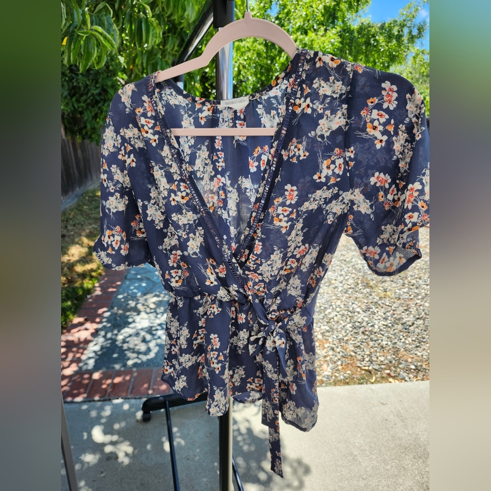 Sienna Sky Floral Wrap Blouse - Navy and Orange